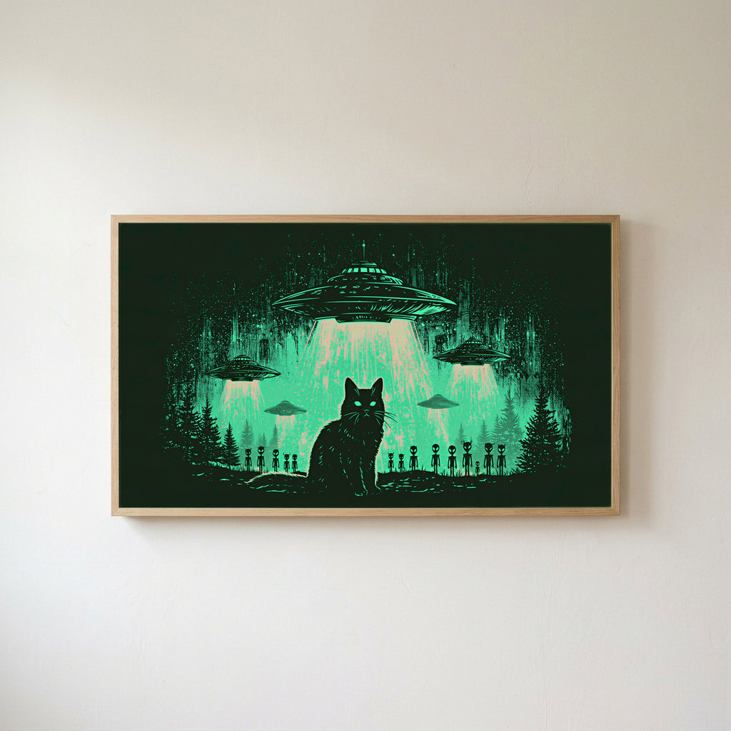 Black cat UFO Frame TV art in an oak frame on a warm white wall
