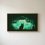 Black cat UFO Frame TV art in an oak frame on a warm white wall