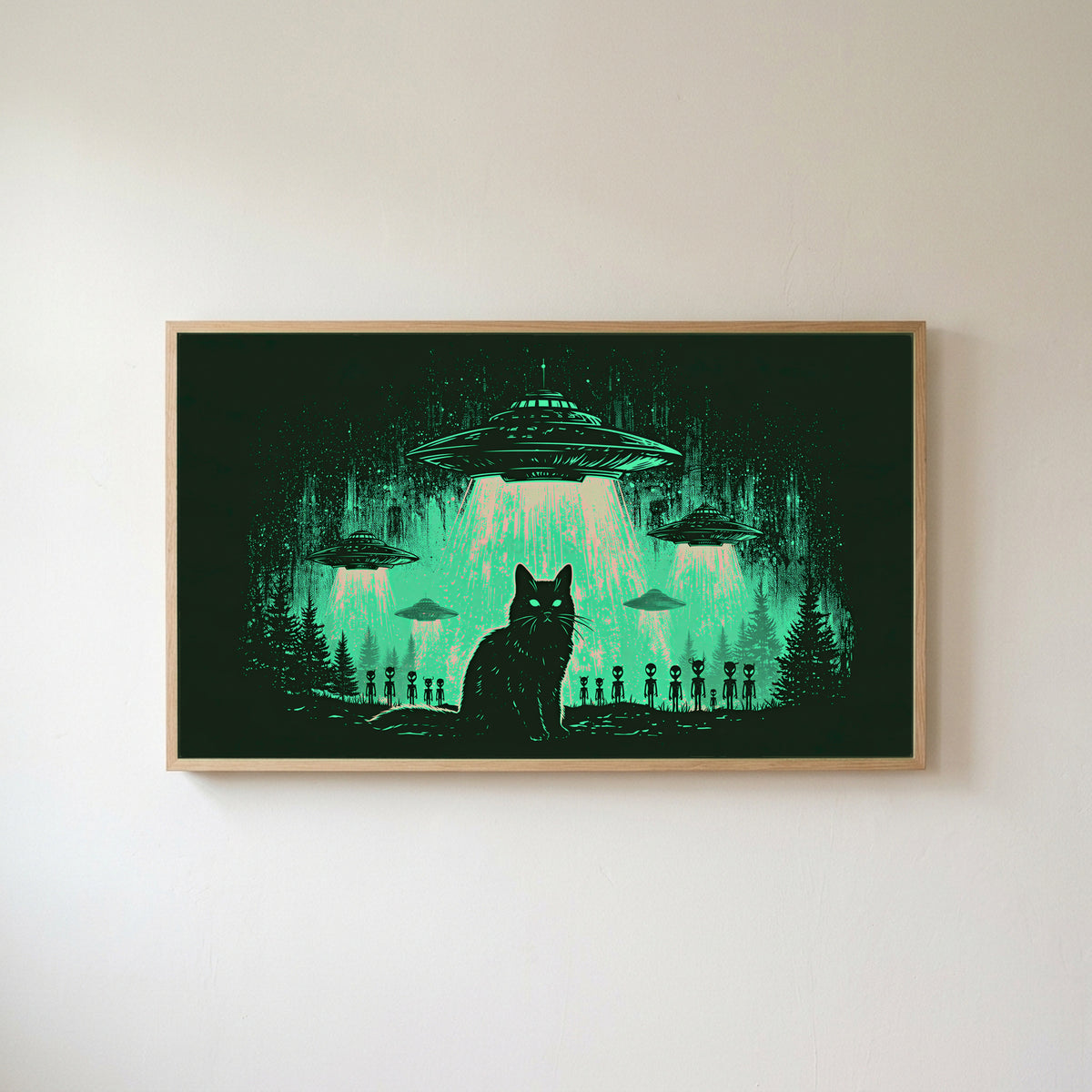Black cat UFO Frame TV art in an oak frame on a warm white wall