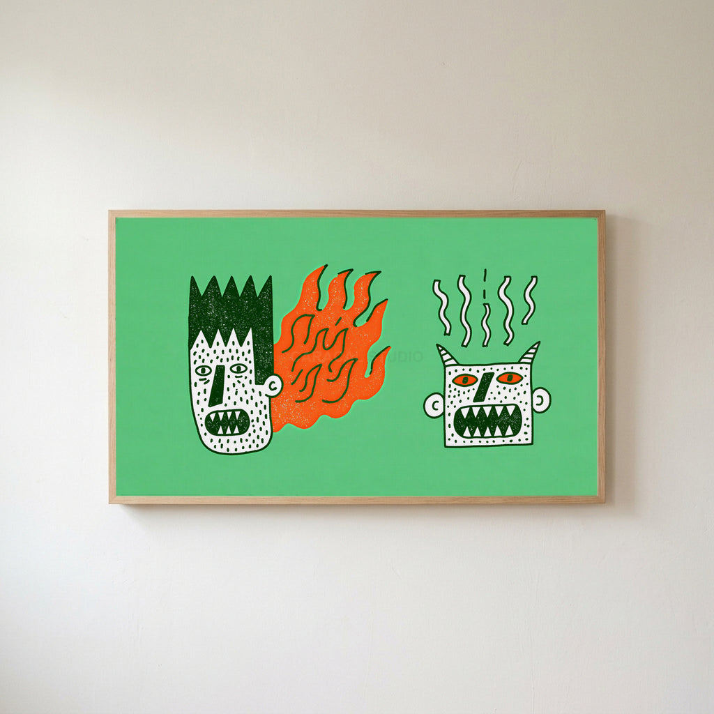 Grumpy doodle faces Frame TV art in an oak frame on a warm white wall