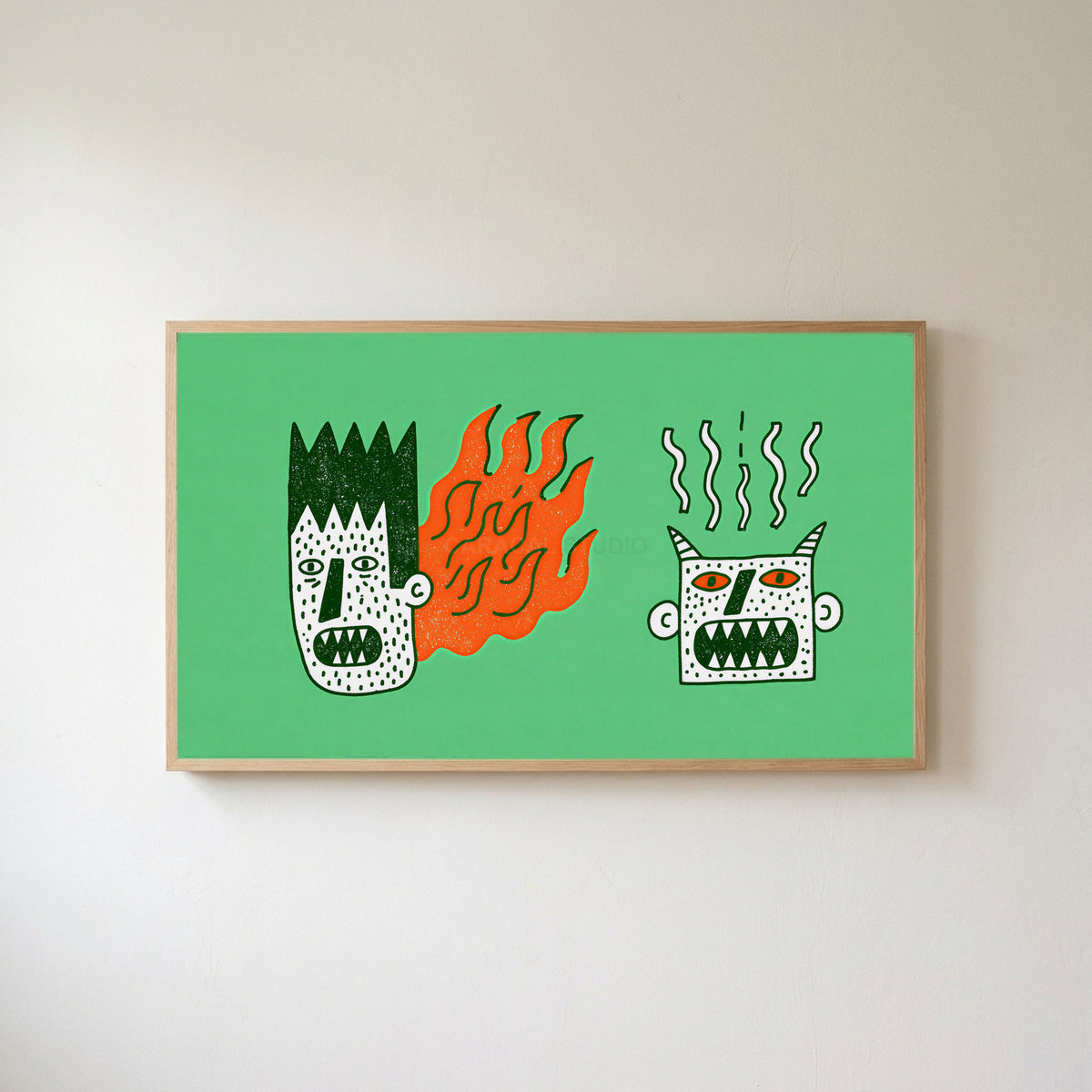 Grumpy doodle faces Frame TV art in an oak frame on a warm white wall