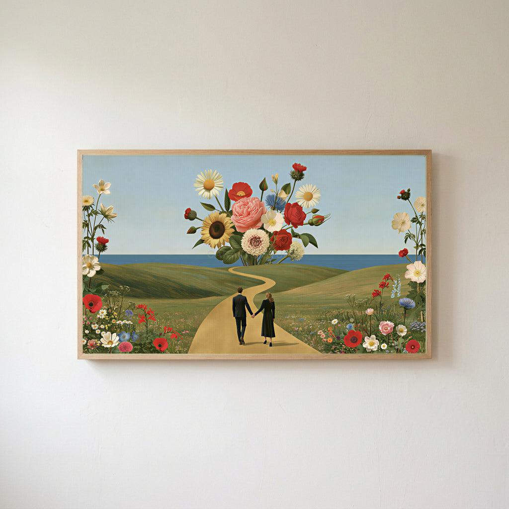 Flower collage Frame TV art in an oak frame on a warm white wall