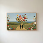 Flower collage Frame TV art in an oak frame on a warm white wall