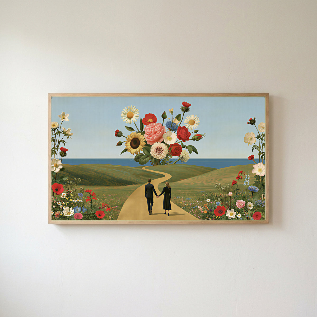 Flower collage Frame TV art in an oak frame on a warm white wall