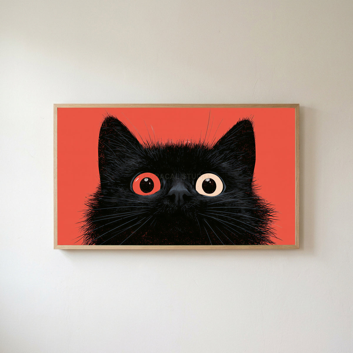 Black cat with big eyes Frame TV art in an oak frame on a warm white wall