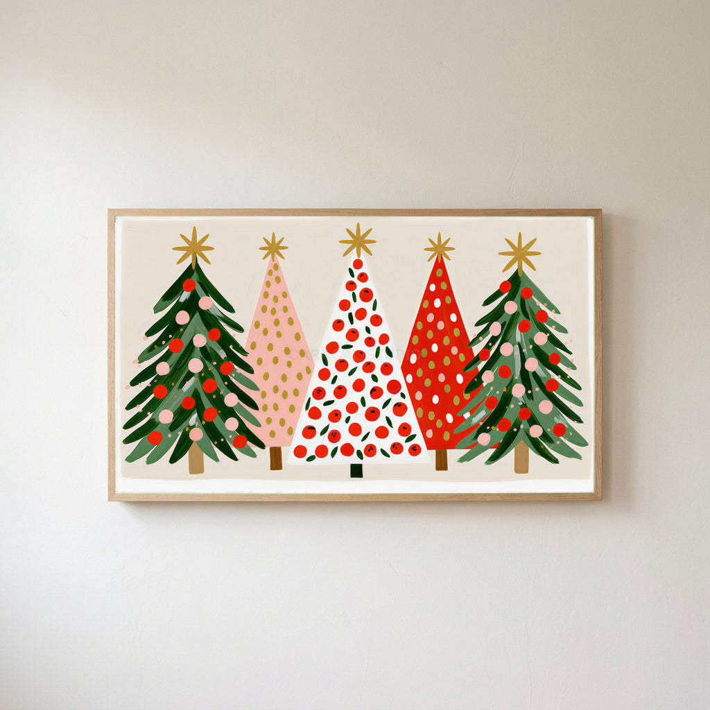 Christmas tree row Frame TV art in an oak frame on a warm white wall