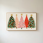 Christmas tree row Frame TV art in an oak frame on a warm white wall