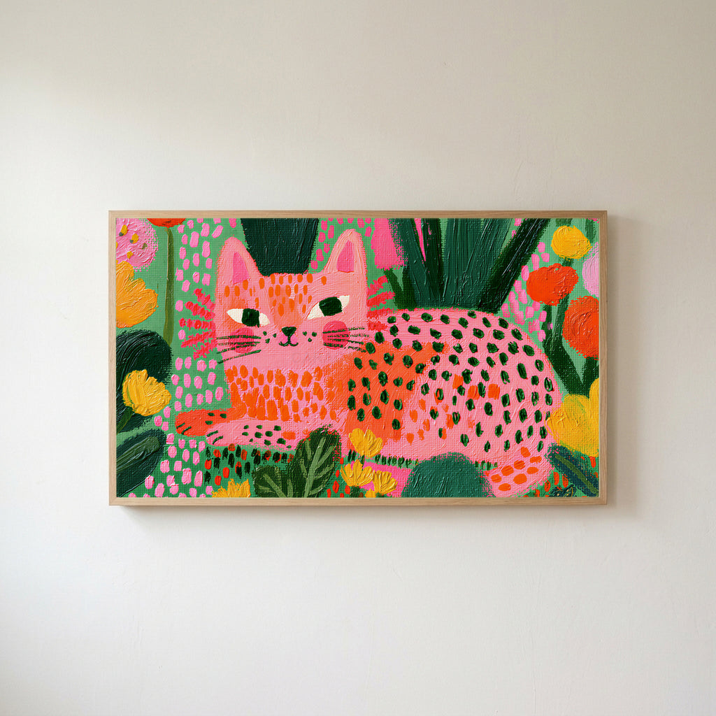 Spotted cat Frame TV art in an oak frame on a warm white wall