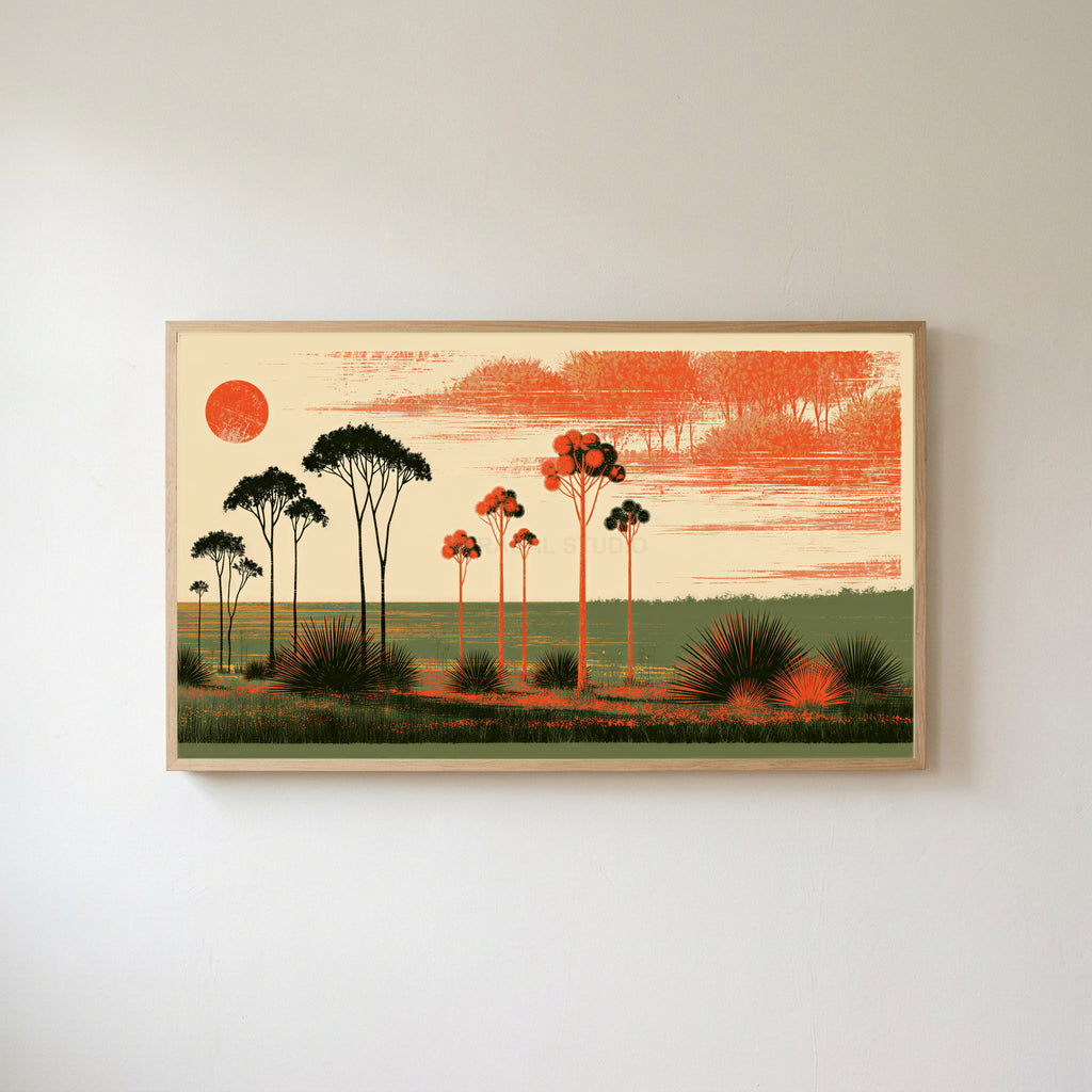 Block print trees Frame TV art in an oak frame on a warm white wall