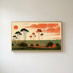 Block print trees Frame TV art in an oak frame on a warm white wall