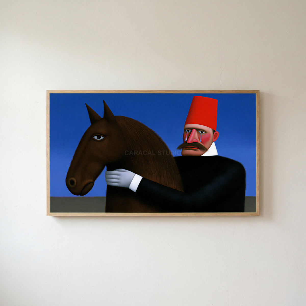 Man in red fez with horse Frame TV art in an oak frame on a warm white wall