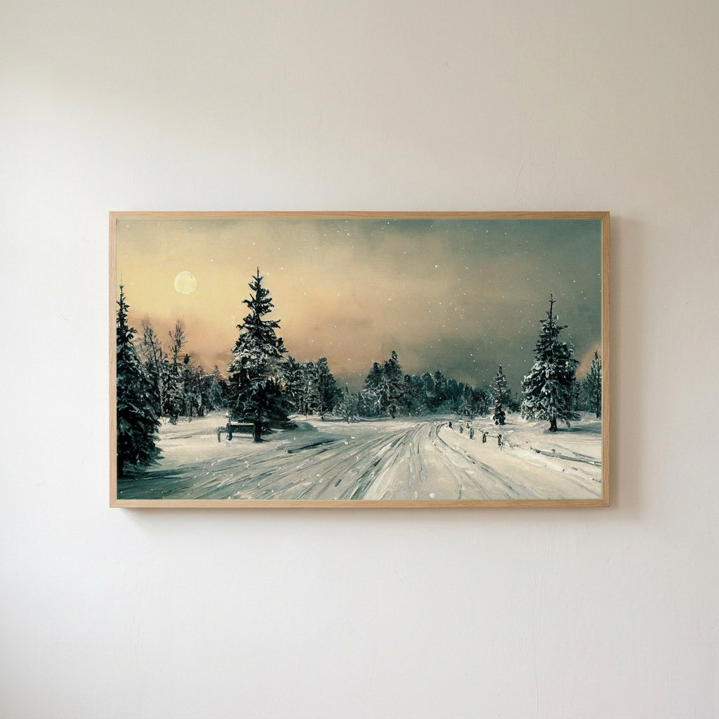 Snowy forest Frame TV art in an oak frame on a warm white wall
