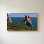 Sea cliff castle Frame TV art in an oak frame on a warm white wall