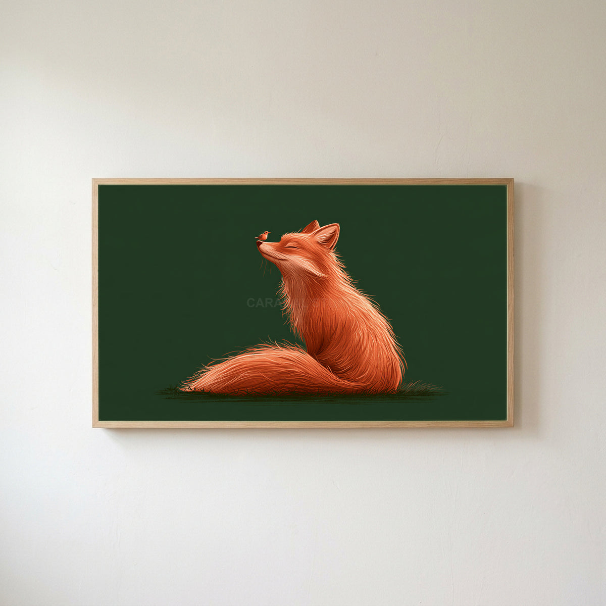 Fox and robin Frame TV art in an oak frame on a warm white wall