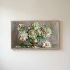 Peonies in a brass urn Frame TV art in an oak frame on a warm white wall