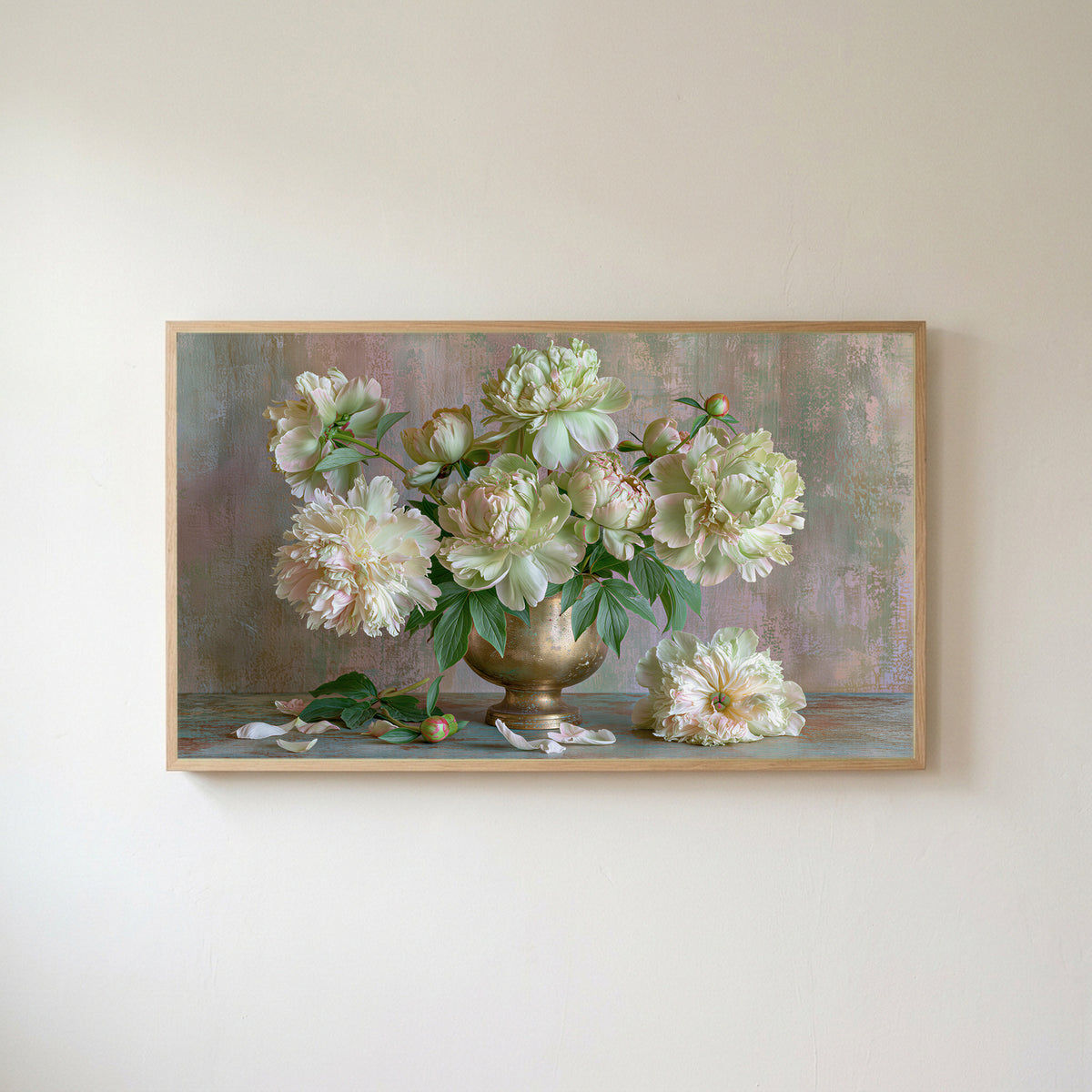 Peonies in a brass urn Frame TV art in an oak frame on a warm white wall