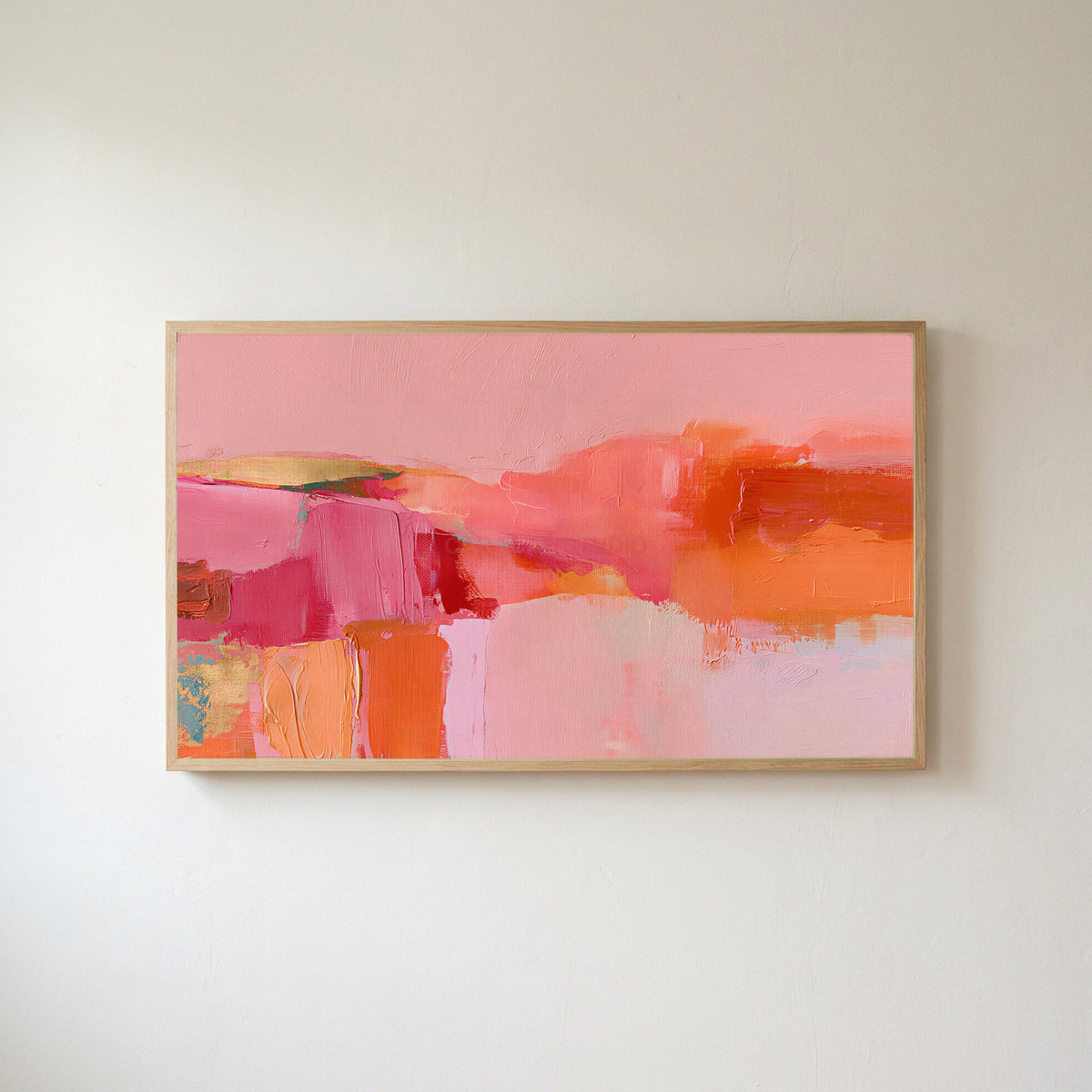 Pink abstract color blocks Frame TV art in an oak frame on a warm white wall