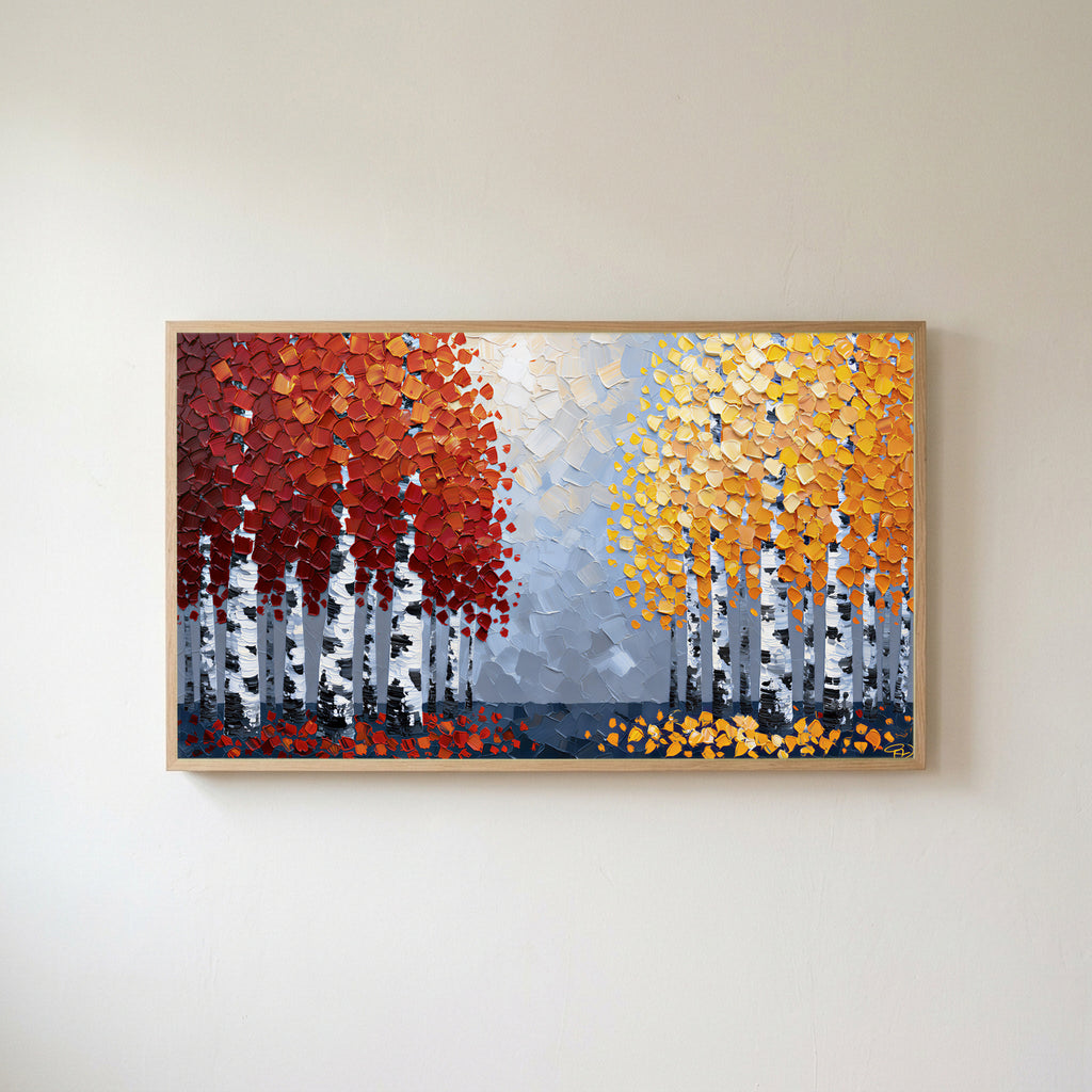 Autumn birch trees Frame TV art in an oak frame on a warm white wall