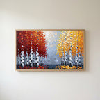 Autumn birch trees Frame TV art in an oak frame on a warm white wall