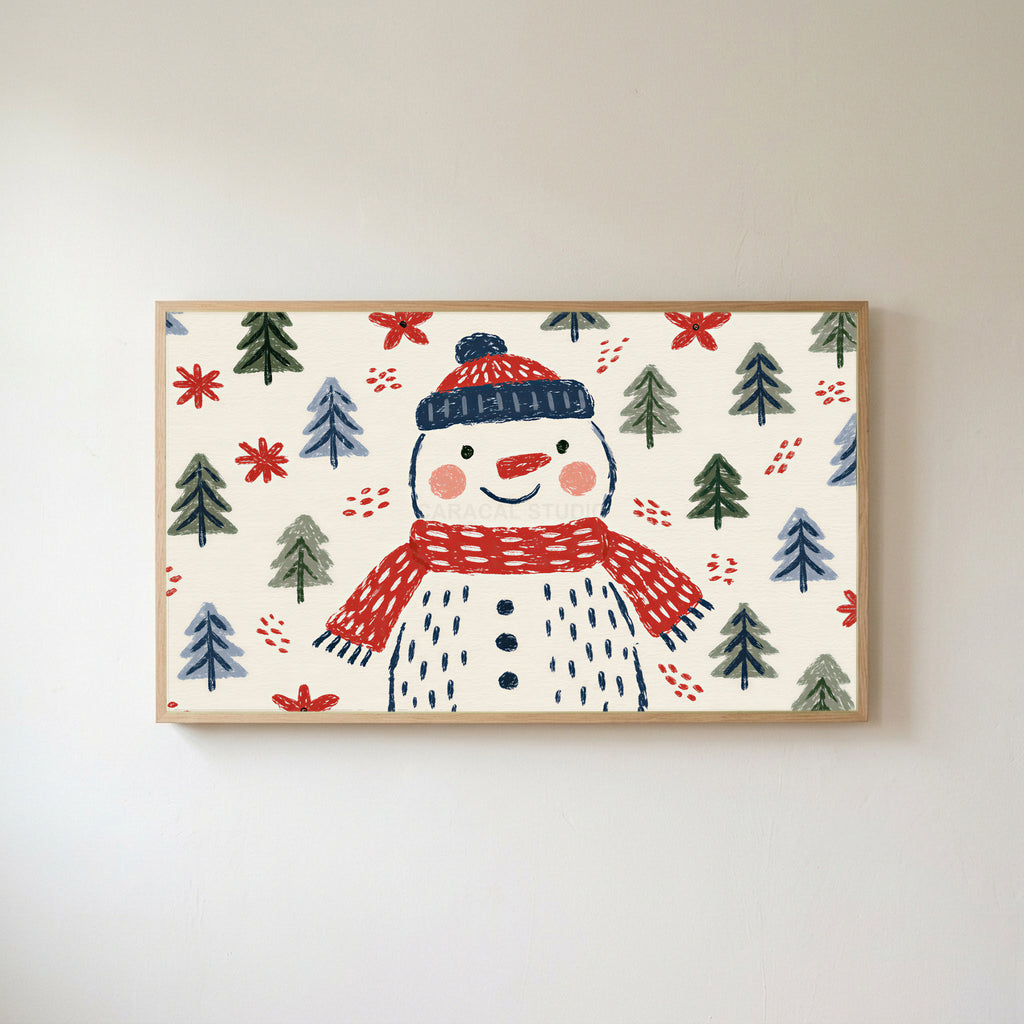 Snowman Frame TV art in an oak frame on a warm white wall