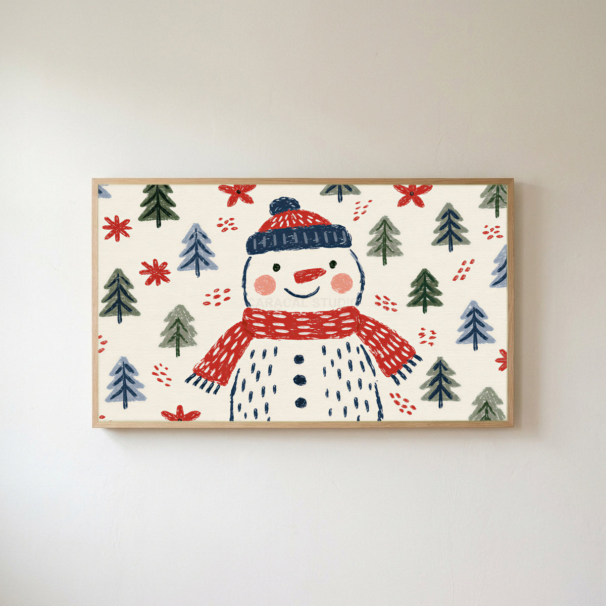 Snowman Frame TV art in an oak frame on a warm white wall