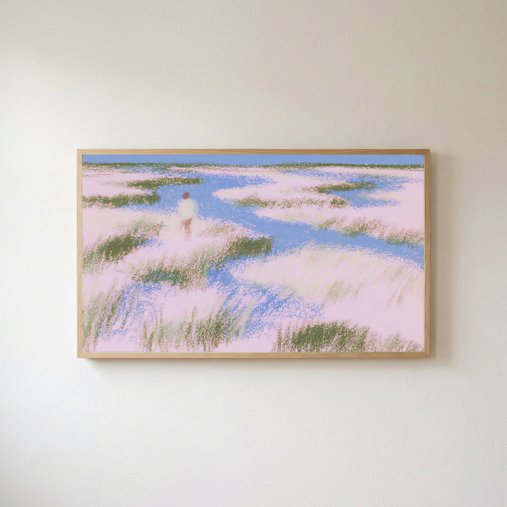 Pastel wetland walker Frame TV art in an oak frame on a warm white wall