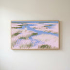 Pastel wetland walker Frame TV art in an oak frame on a warm white wall