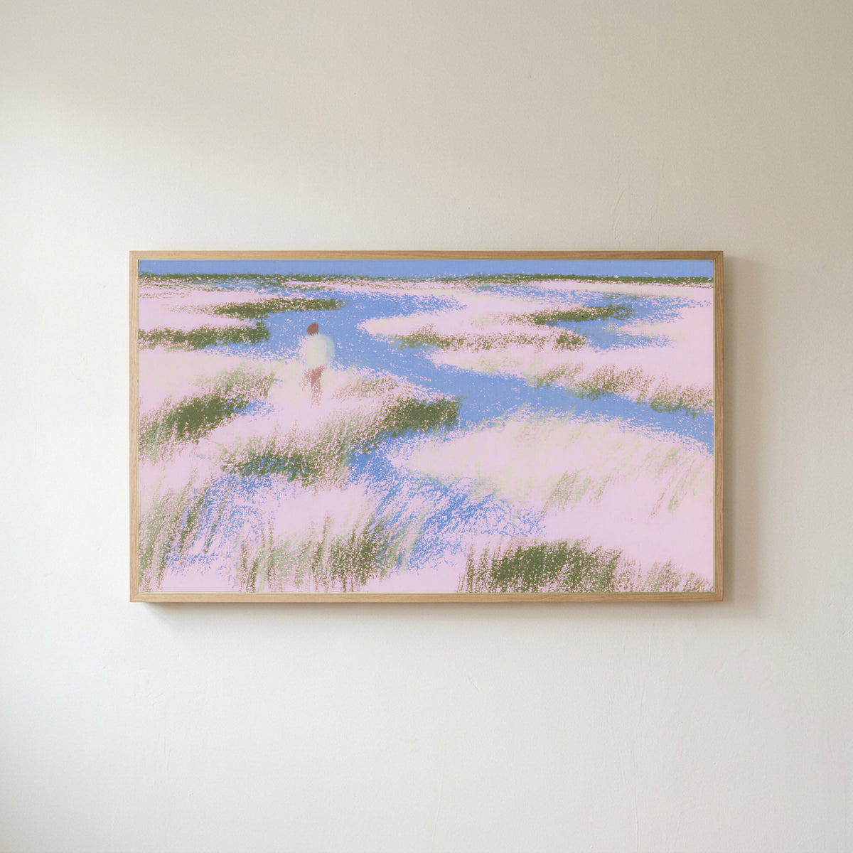 Pastel wetland walker Frame TV art in an oak frame on a warm white wall