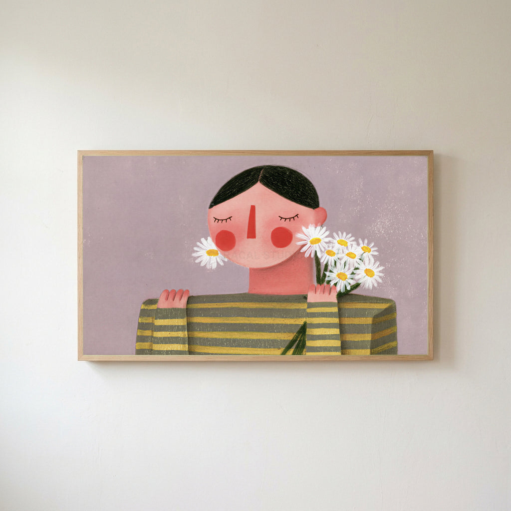Rosy cheeks daisy portrait Frame TV art in an oak frame on a warm white wall