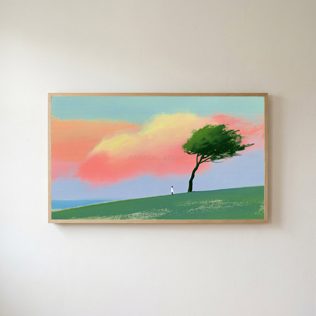 Tree on a hill at sunset Frame TV art in an oak frame on a warm white wall