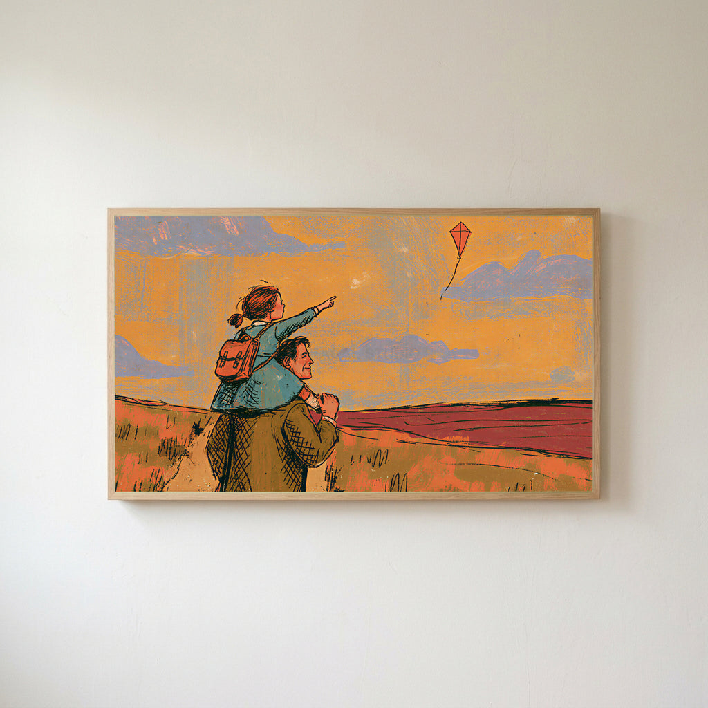 Father and daughter Frame TV art in an oak frame on a warm white wall