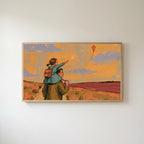 Father and daughter Frame TV art in an oak frame on a warm white wall
