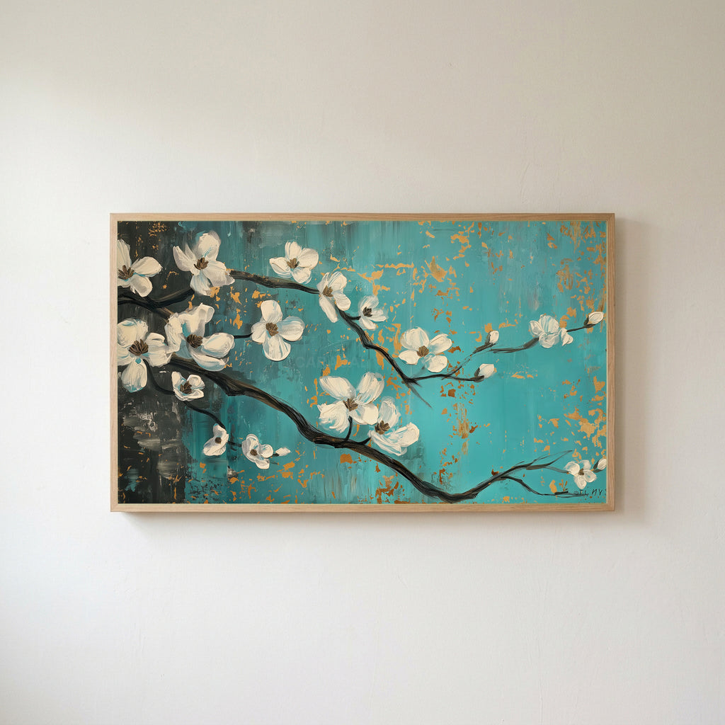 Dogwood blossom Frame TV art in an oak frame on a warm white wall