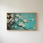 Dogwood blossom Frame TV art in an oak frame on a warm white wall