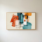 Cubist faces Frame TV art in an oak frame on a warm white wall