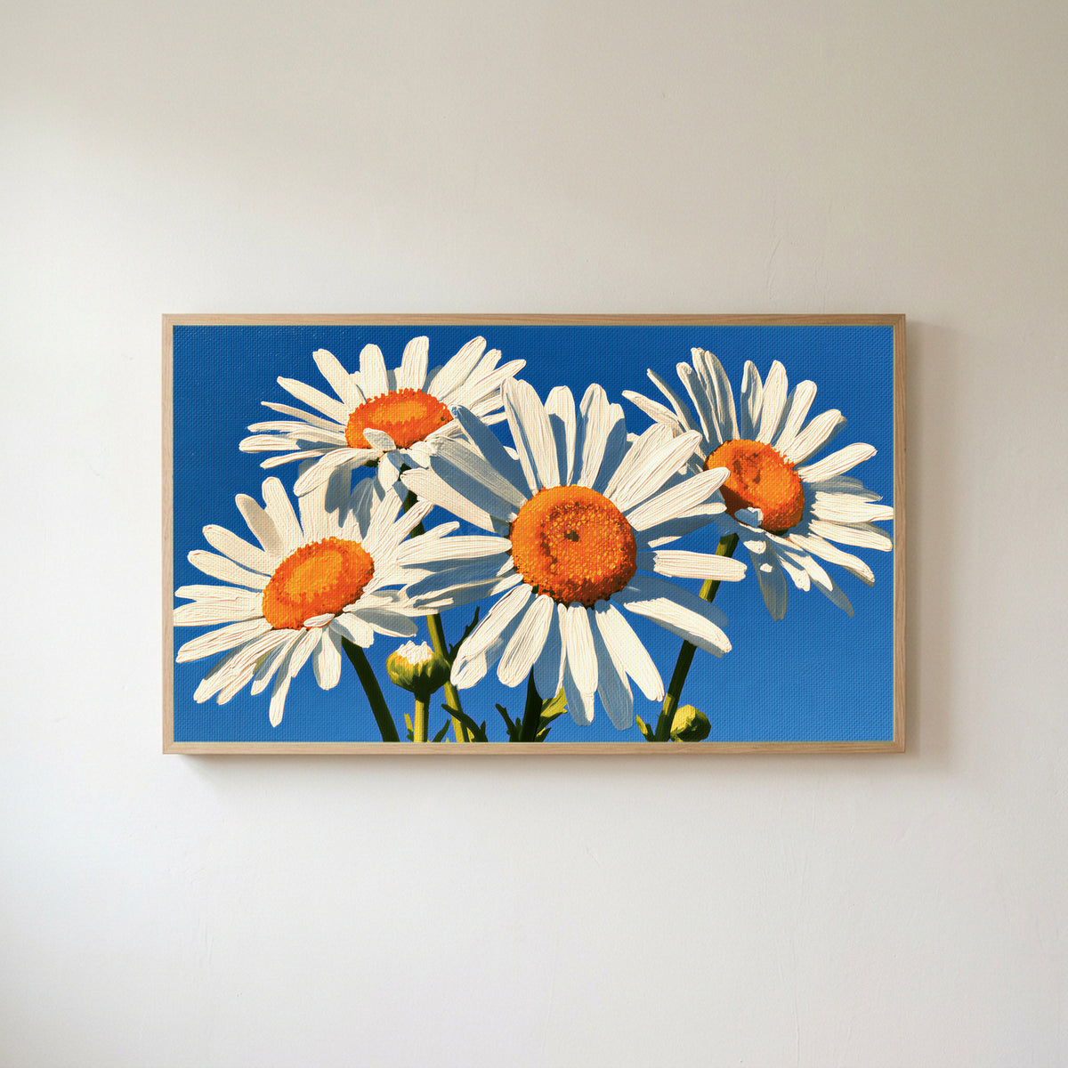 Daisy Frame TV art in an oak frame on a warm white wall