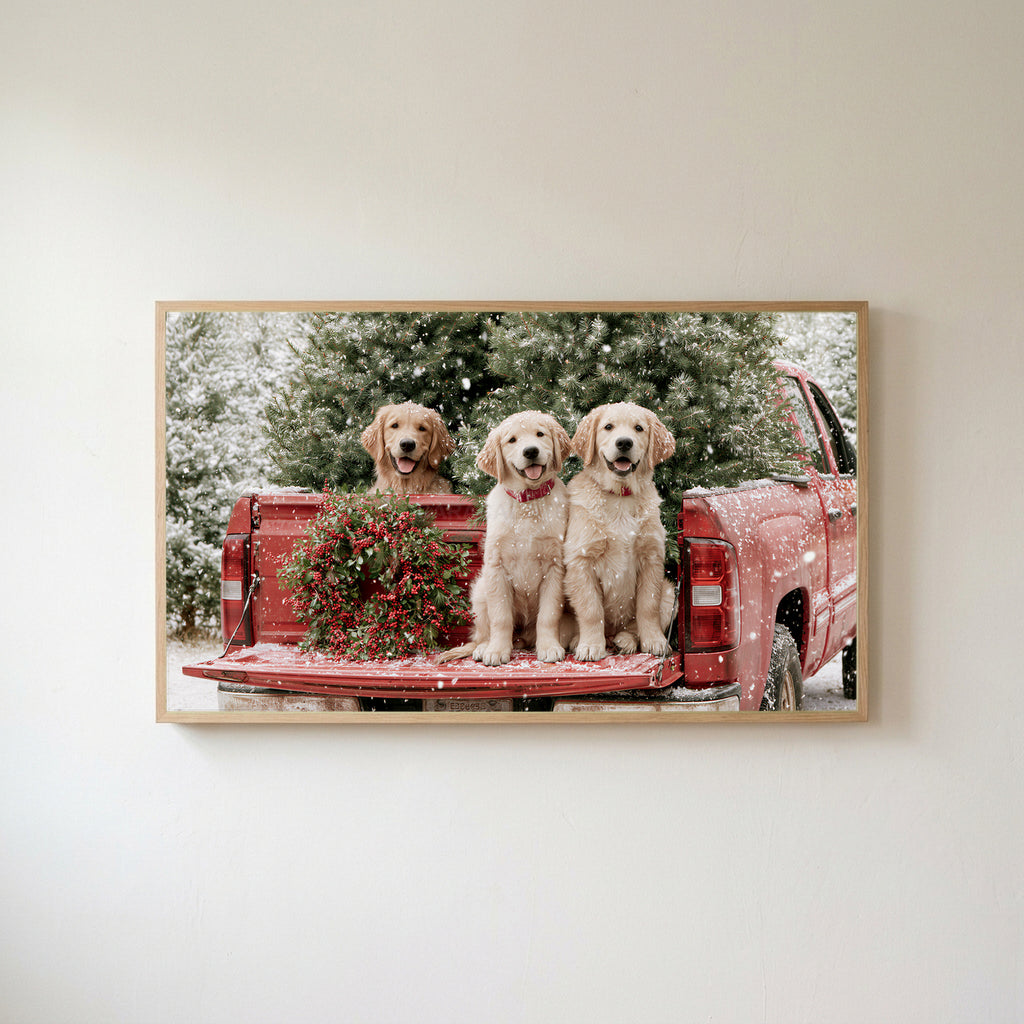 Christmas puppies Frame TV art in an oak frame on a warm white wall