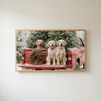 Christmas puppies Frame TV art in an oak frame on a warm white wall