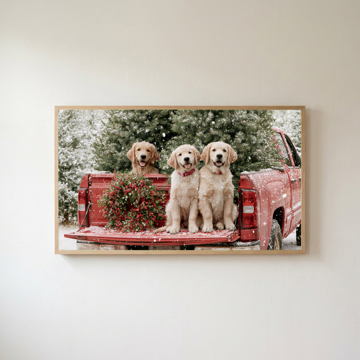 Christmas puppies Frame TV art in an oak frame on a warm white wall