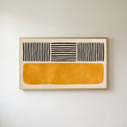Abstract lines and color block Frame TV art in an oak frame on a warm white wall