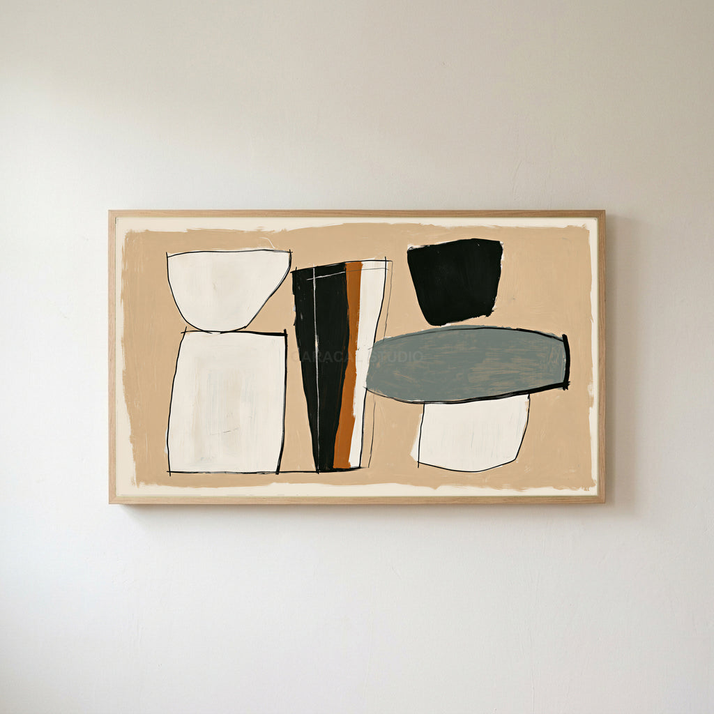 Mid century abstract shapes Frame TV art in an oak frame on a warm white wall