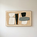 Mid century abstract shapes Frame TV art in an oak frame on a warm white wall