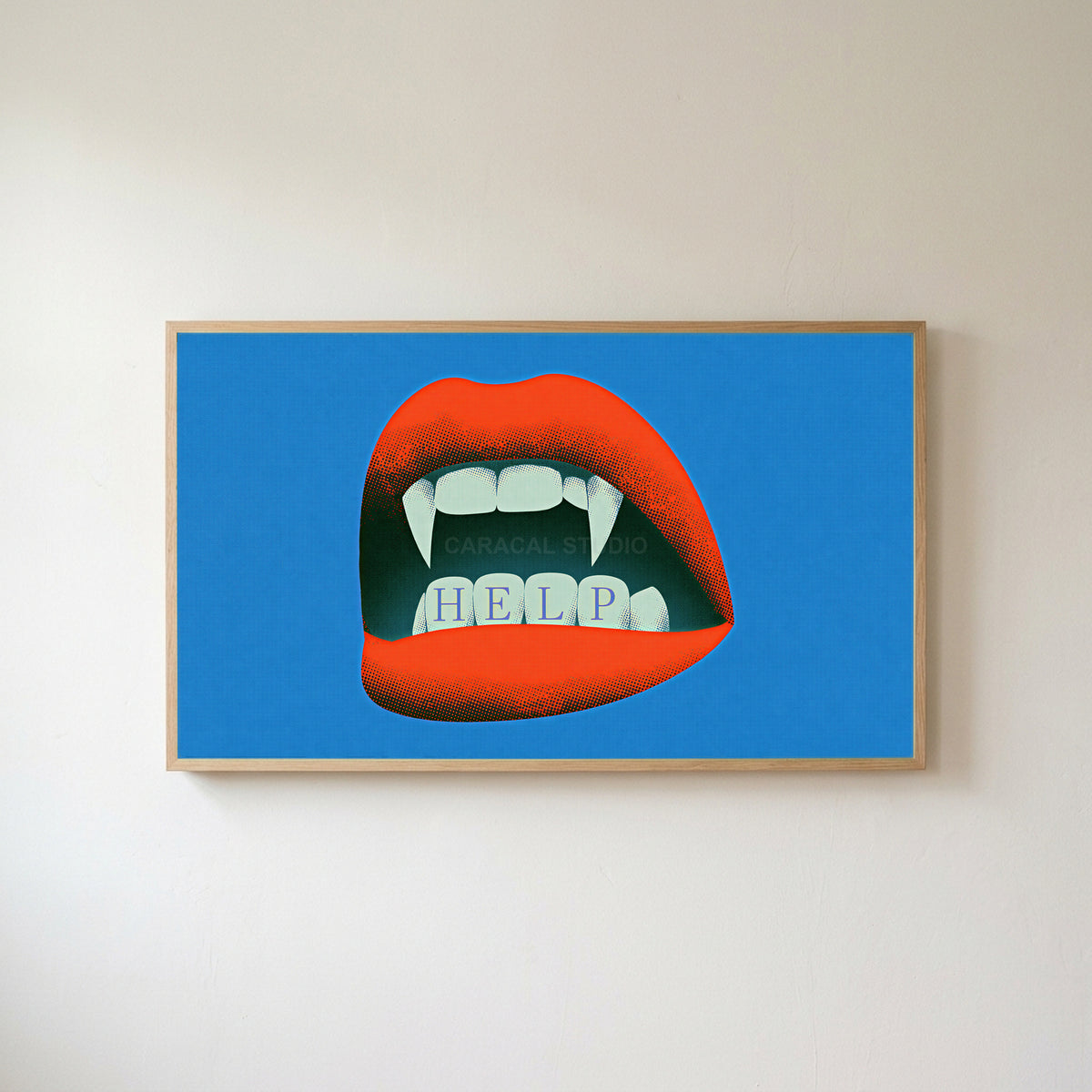 Vampire fangs Frame TV art in an oak frame on a warm white wall