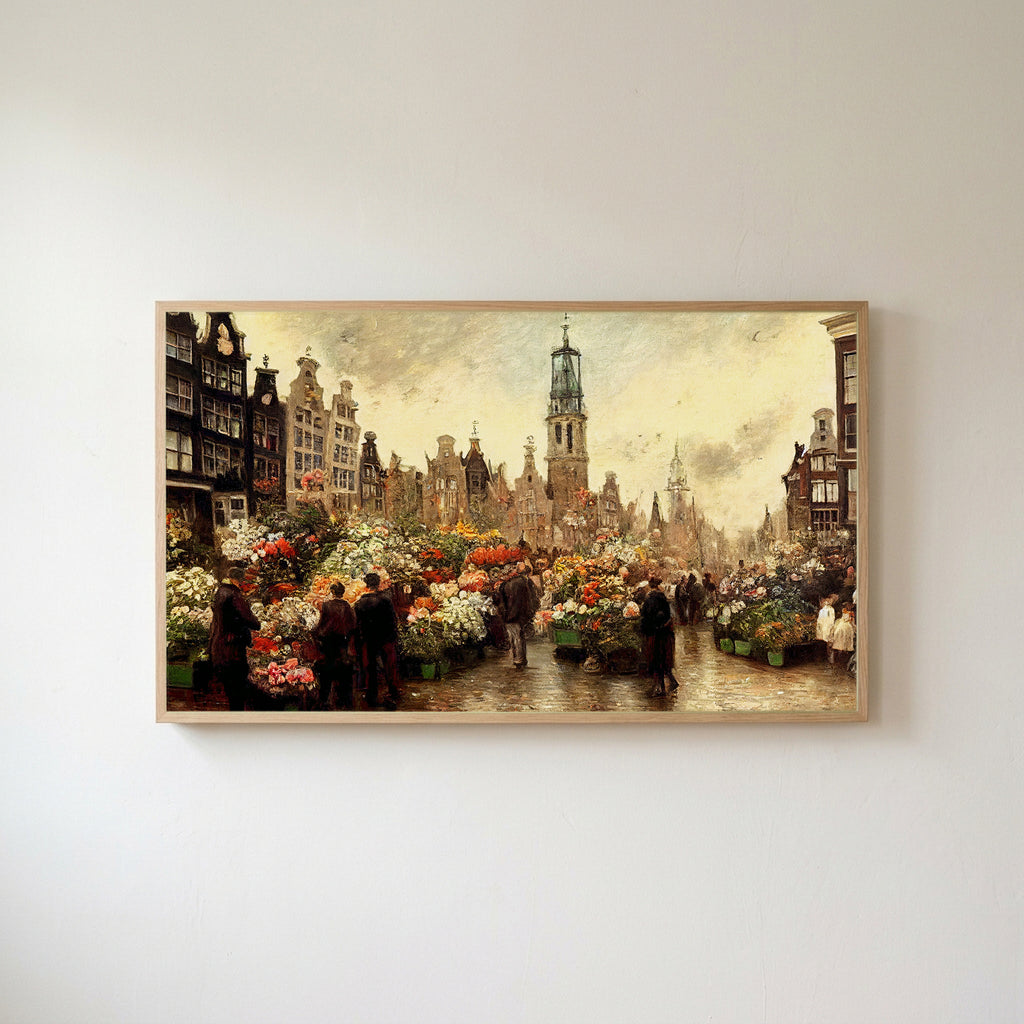 Amsterdam flower market Frame TV art in an oak frame on a warm white wall