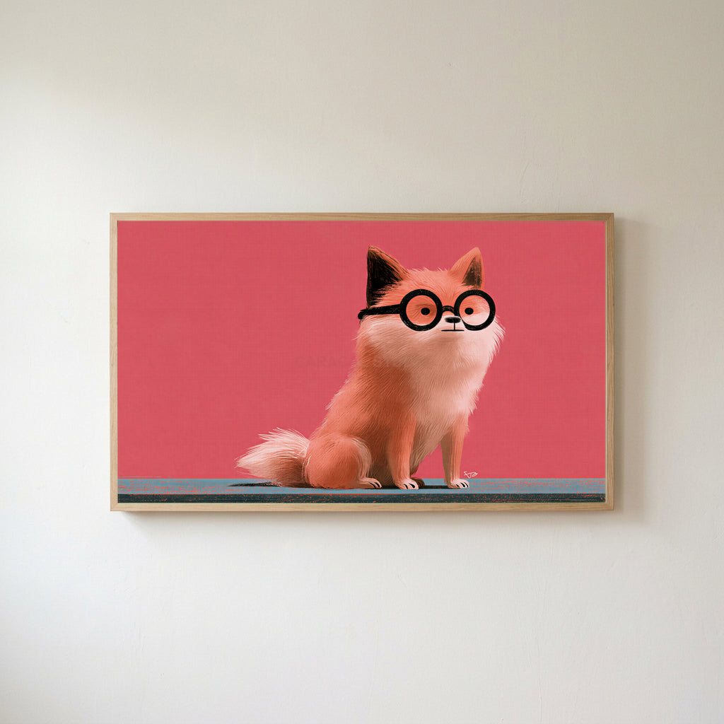 Dog in glasses Frame TV art in an oak frame on a warm white wall