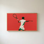 Tennis player Frame TV art in an oak frame on a warm white wall