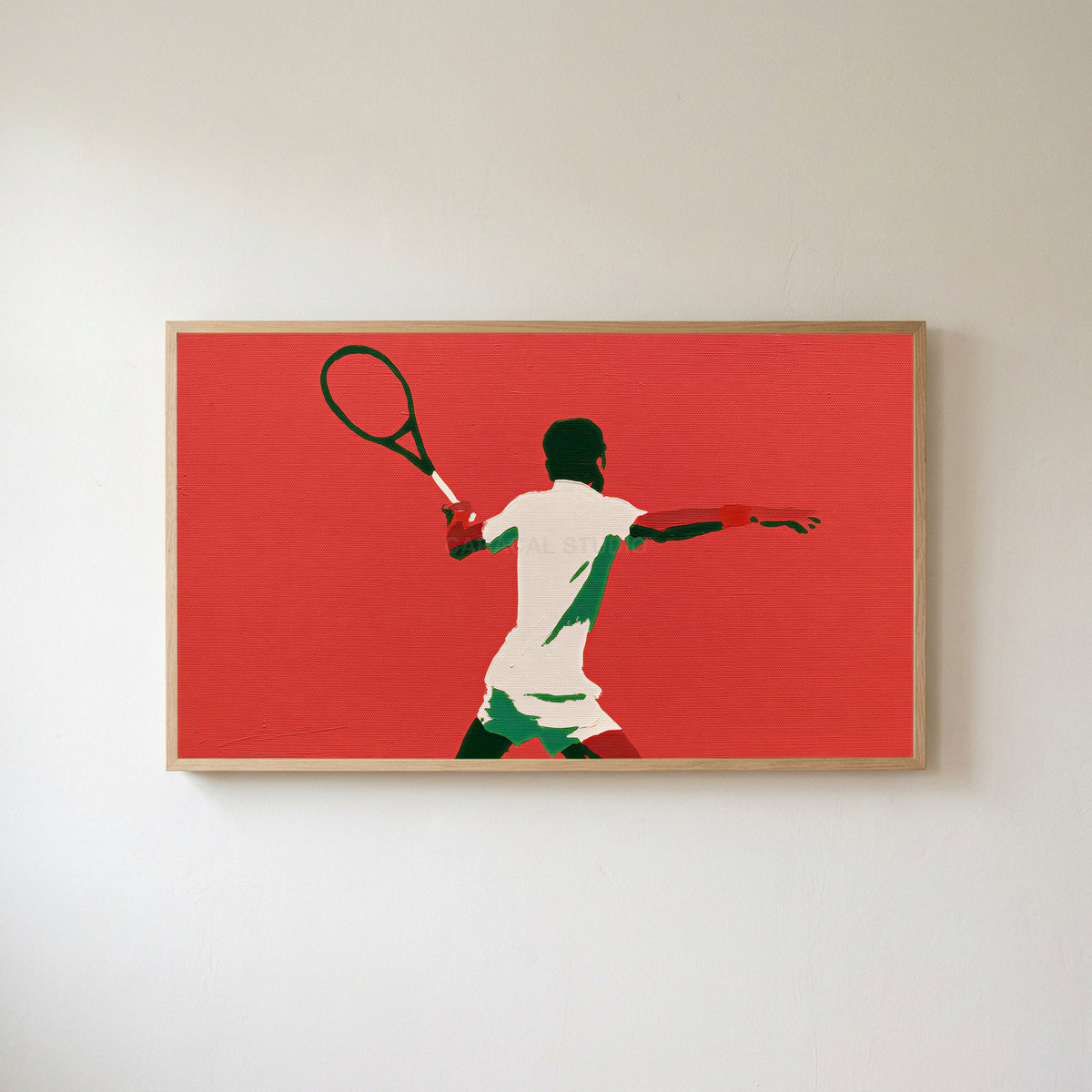 Tennis player Frame TV art in an oak frame on a warm white wall