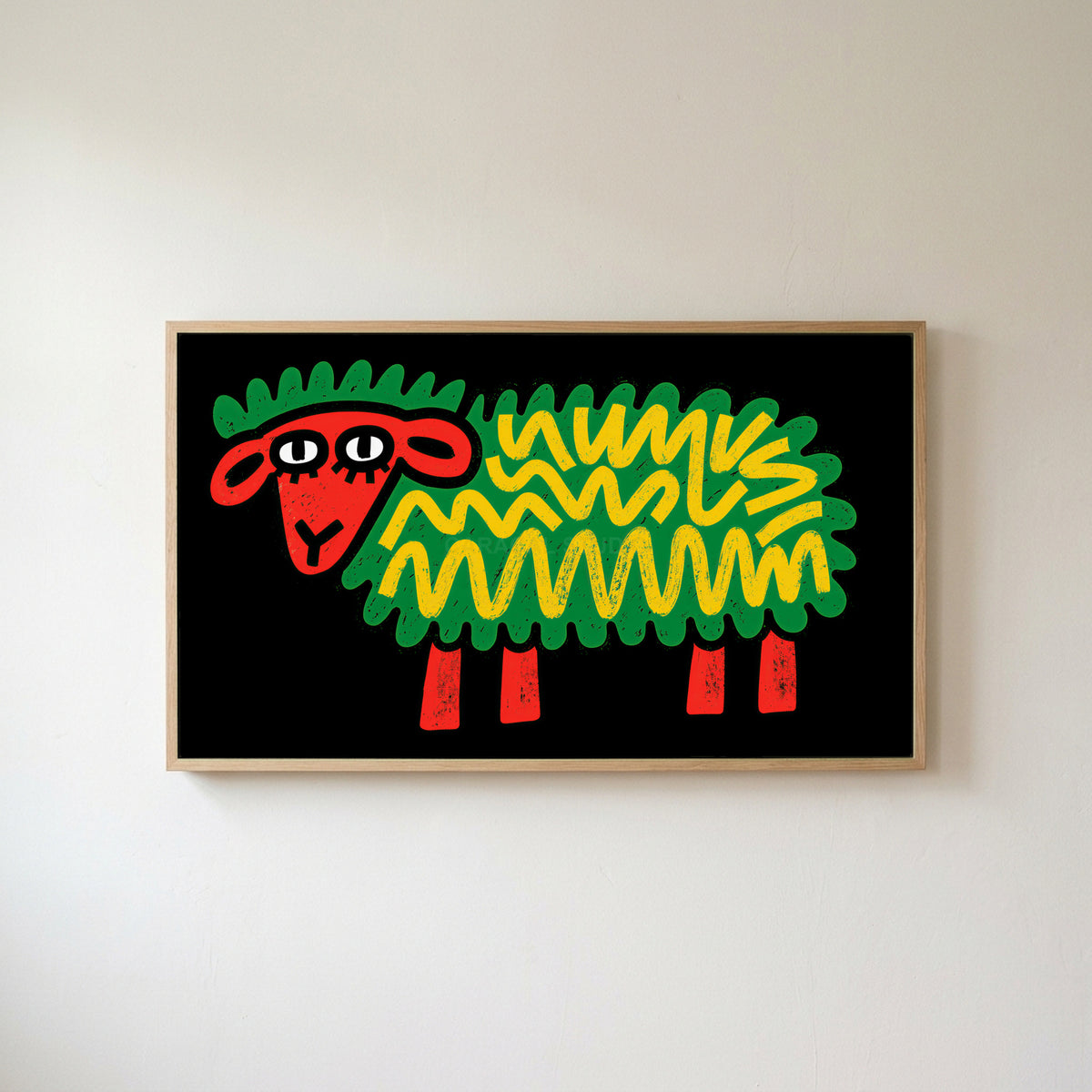 Pop art sheep Frame TV art in an oak frame on a warm white wall