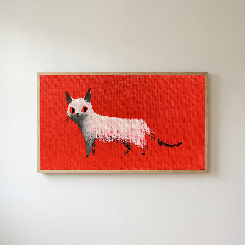 White cat Frame TV art in an oak frame on a warm white wall