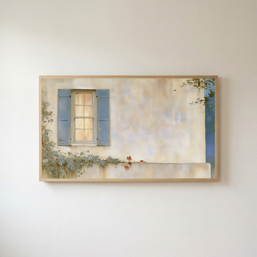 Blue shutter cottage window Frame TV art in an oak frame on a warm white wall